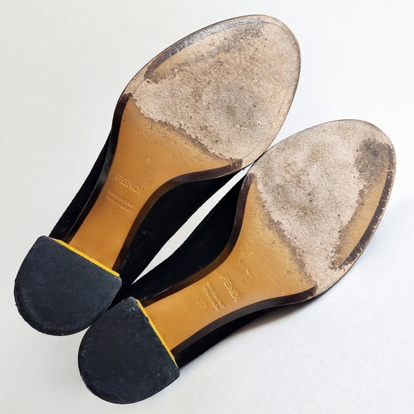 Fendi Austen Black Suede Leather Loafer Pumps, Slip-On W/Stacked Yellow Heel 37 - Picture 14 of 16